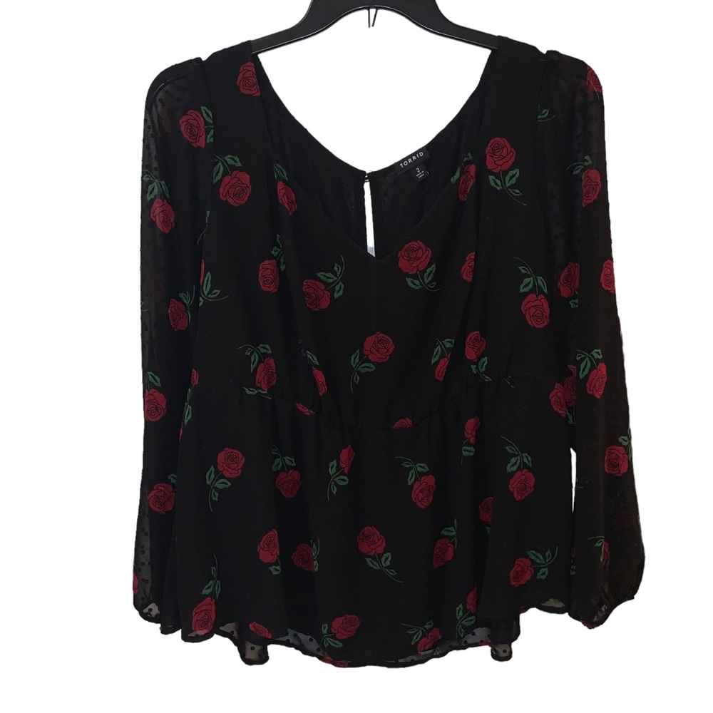 Torrid Black With Red Roses Lightweight Longsleeve Blouse Size 2